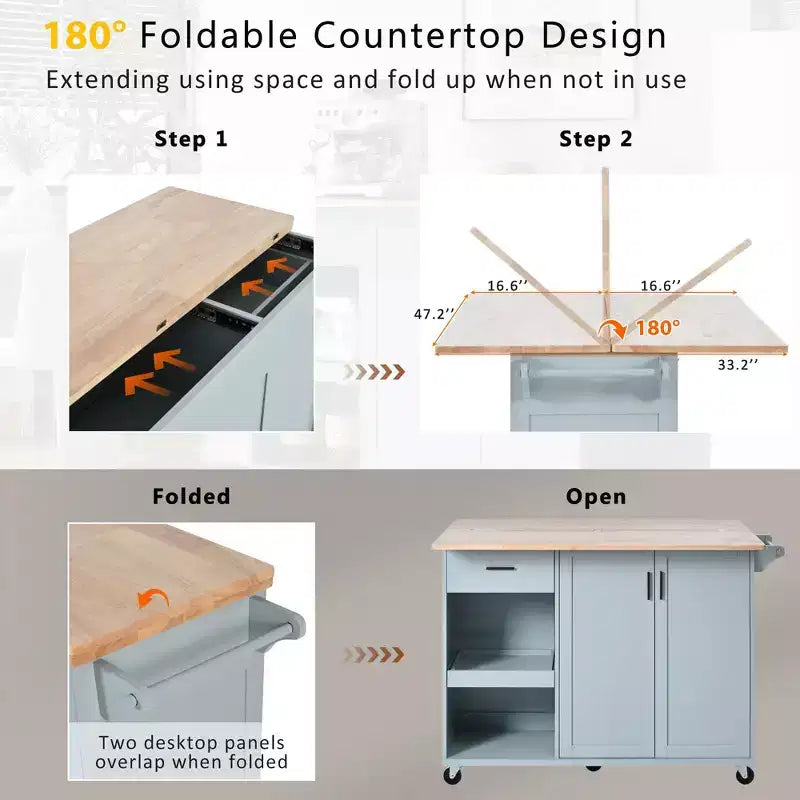 Kitchen Island with Foldable Counter Top and Slide-Out Shelf, Kitchen Island On Wheels with Towel Rack and Drawer for Kitchen