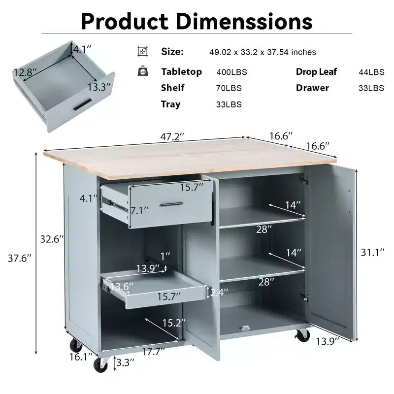 Kitchen Island with Foldable Counter Top and Slide-Out Shelf, Kitchen Island On Wheels with Towel Rack and Drawer for Kitchen