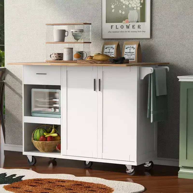Kitchen Island with Foldable Counter Top and Slide-Out Shelf, Kitchen Island On Wheels with Towel Rack and Drawer for Kitchen