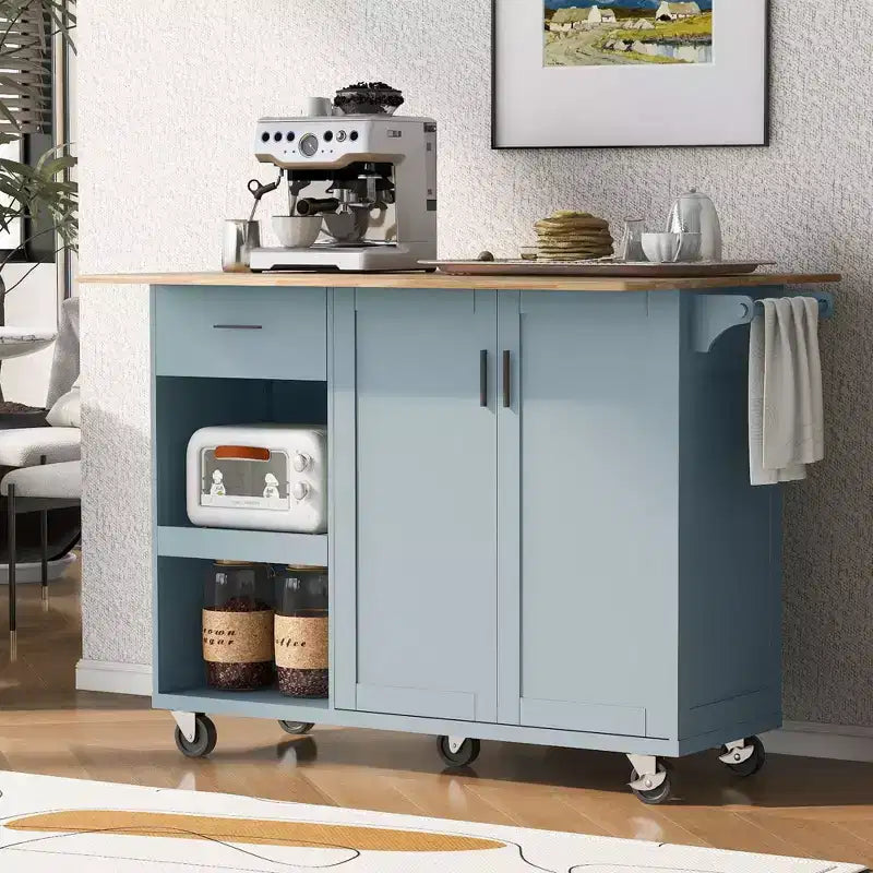 Kitchen Island with Foldable Counter Top and Slide-Out Shelf, Kitchen Island On Wheels with Towel Rack and Drawer for Kitchen