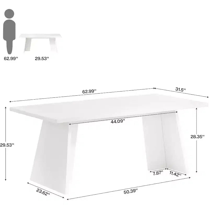 Large Rectangle Dining Table for 4-6 People, 63 Modern Kitchen Table with Glossy Tabletop and Double Robust Pedestal for Dining Room White