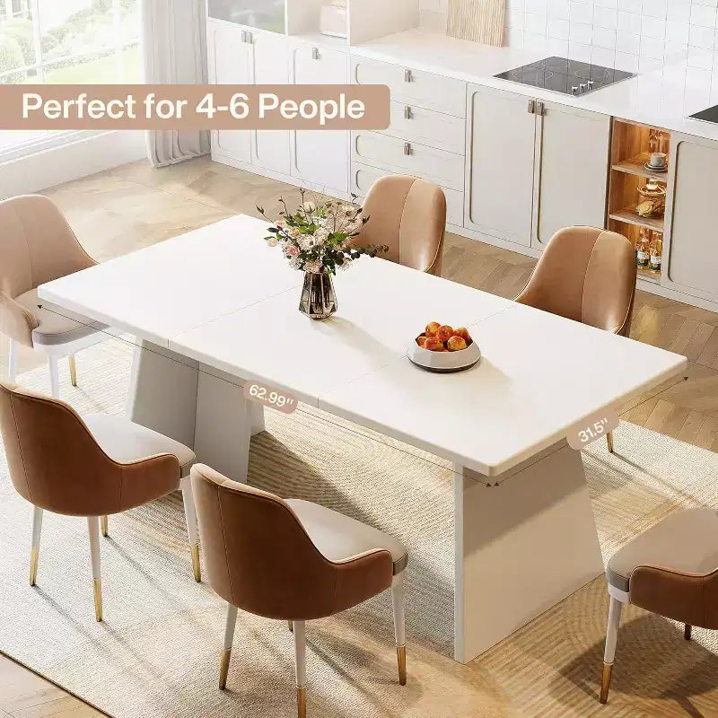 Large Rectangle Dining Table for 4-6 People, 63 Modern Kitchen Table with Glossy Tabletop and Double Robust Pedestal for Dining Room White