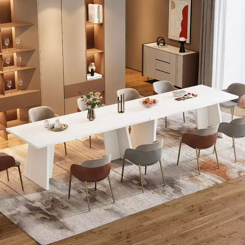 Large Rectangle Dining Table for 4-6 People, 63 Modern Kitchen Table with Glossy Tabletop and Double Robust Pedestal for Dining Room White