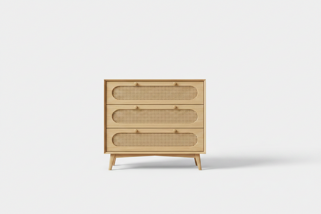Natural Rattan Dresser, 3 Drawer Dresser Rattan Nightstand Small Boho Cabinet,Handles and Wooden Legs,Bed Side Table