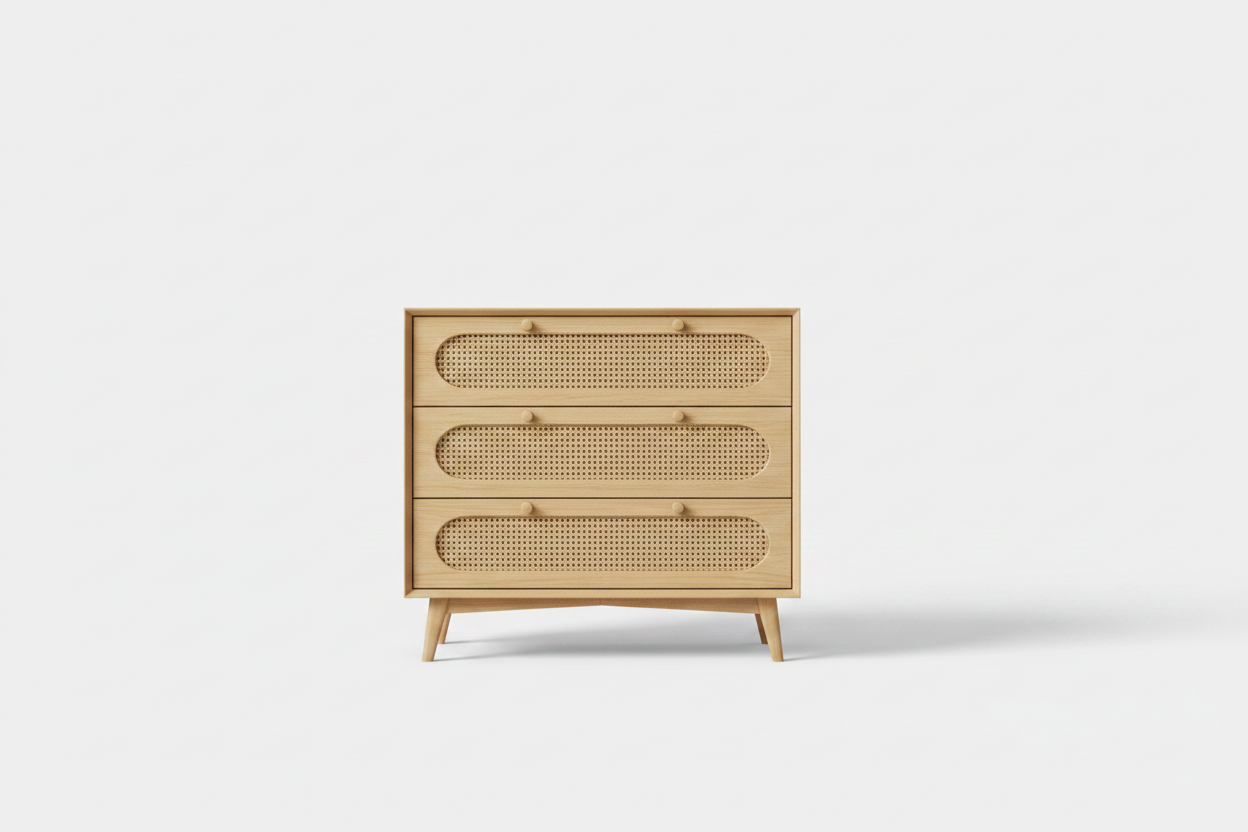 Natural Rattan Dresser, 3 Drawer Dresser Rattan Nightstand Small Boho Cabinet,Handles and Wooden Legs,Bed Side Table