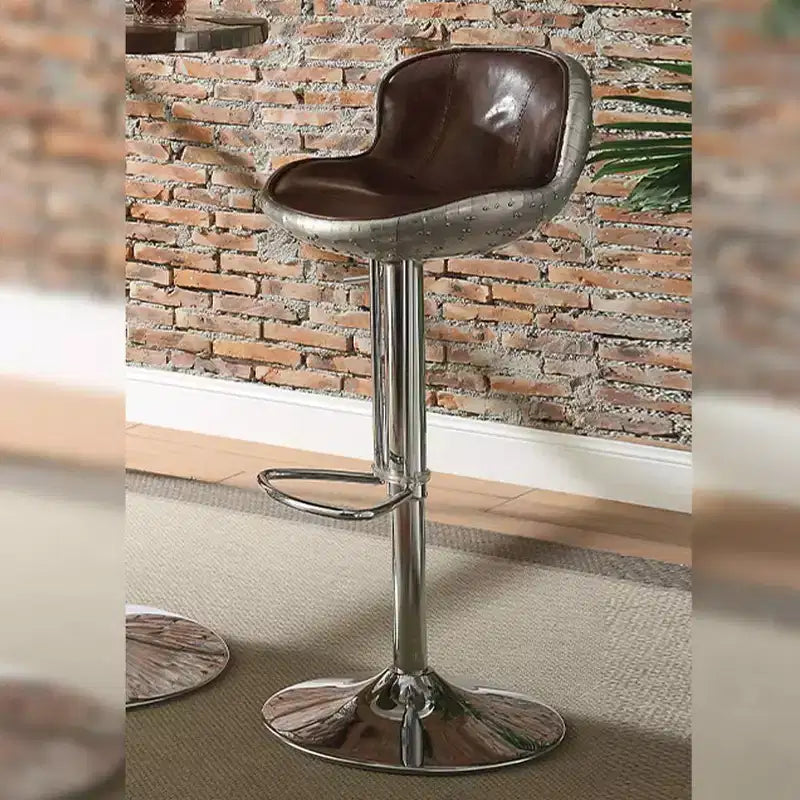 18" Grain Leather Barstool Vintage Brown/Aluminum -: Retro Shelter Arms, No Assembly