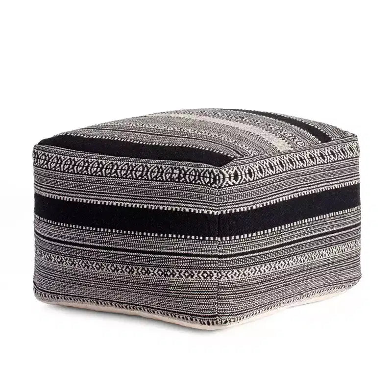 Pouf Black/Ivory -: Handmade Bohemian Ottoman, Abstract Pattern, Textured Cotton, 23"x23"x17"