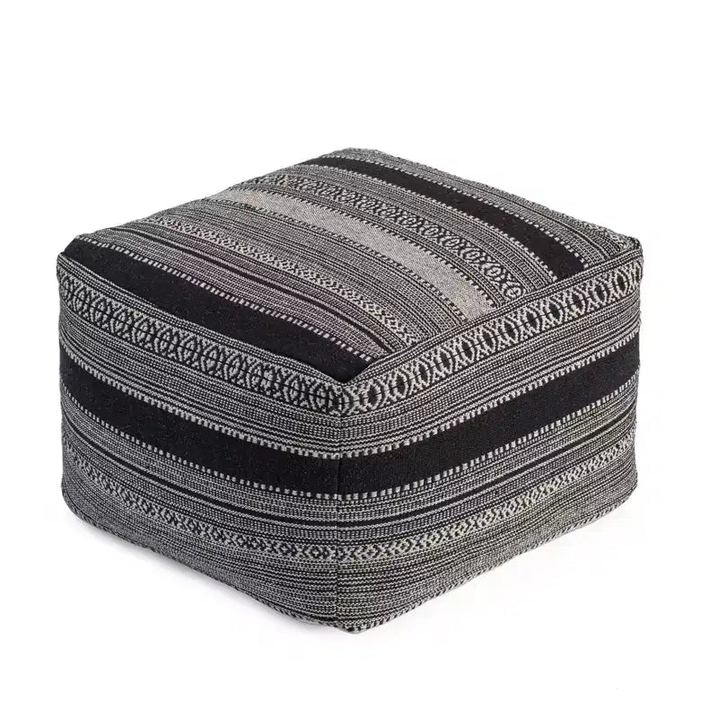 Pouf Black/Ivory -: Handmade Bohemian Ottoman, Abstract Pattern, Textured Cotton, 23"x23"x17"