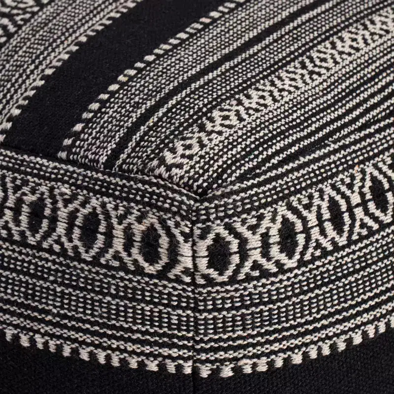 Pouf Black/Ivory -: Handmade Bohemian Ottoman, Abstract Pattern, Textured Cotton, 23"x23"x17"