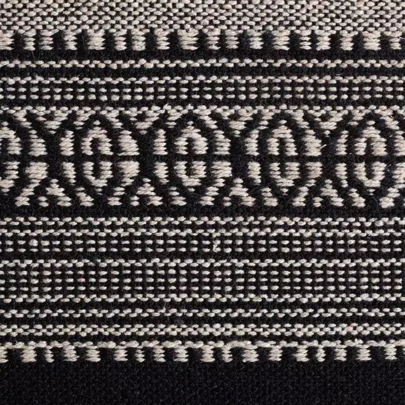 Pouf Black/Ivory -: Handmade Bohemian Ottoman, Abstract Pattern, Textured Cotton, 23"x23"x17"