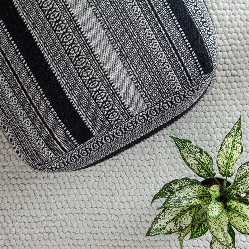Pouf Black/Ivory -: Handmade Bohemian Ottoman, Abstract Pattern, Textured Cotton, 23"x23"x17"