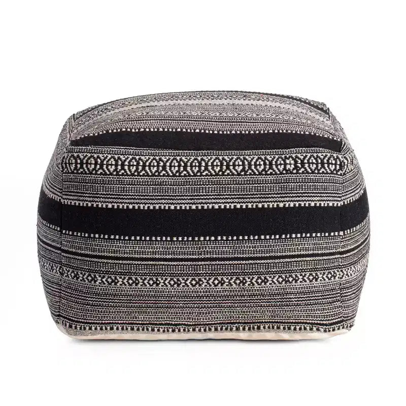 Pouf Black/Ivory -: Handmade Bohemian Ottoman, Abstract Pattern, Textured Cotton, 23"x23"x17"