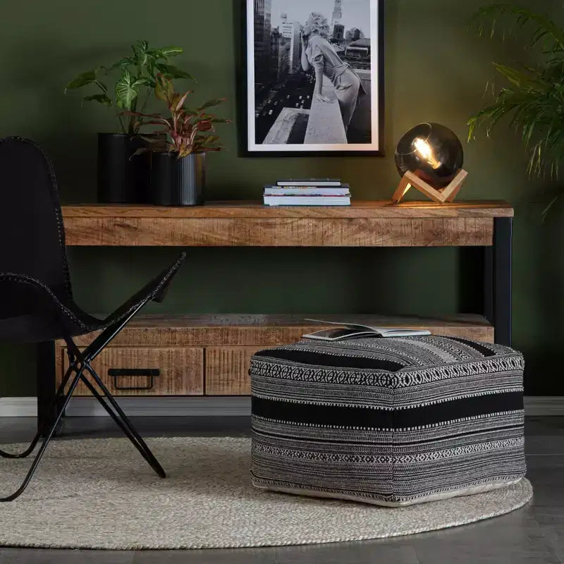 Pouf Black/Ivory -: Handmade Bohemian Ottoman, Abstract Pattern, Textured Cotton, 23"x23"x17"