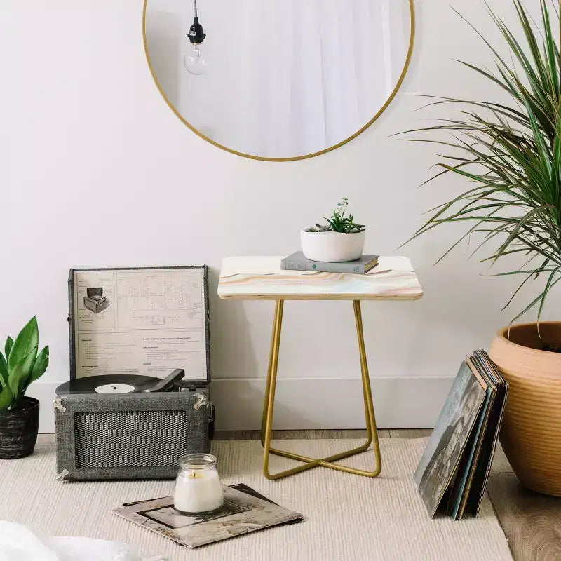 Marbling Mountains Side Table Gold - Steel Frame, Wood Composite Top, Flared Legs