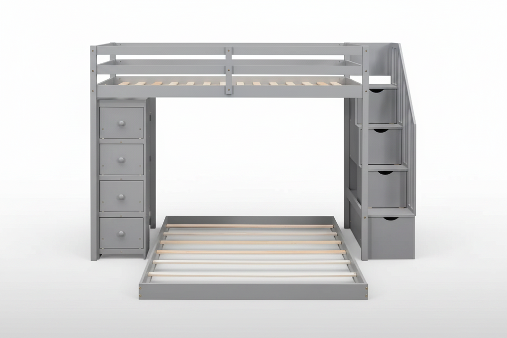 Twin over Full Separable Bunk Beds with Storage Stairs, Wood L-Shape Bunk Bed Frame with 4 Drawers and Shelves for Kids Teens Adults