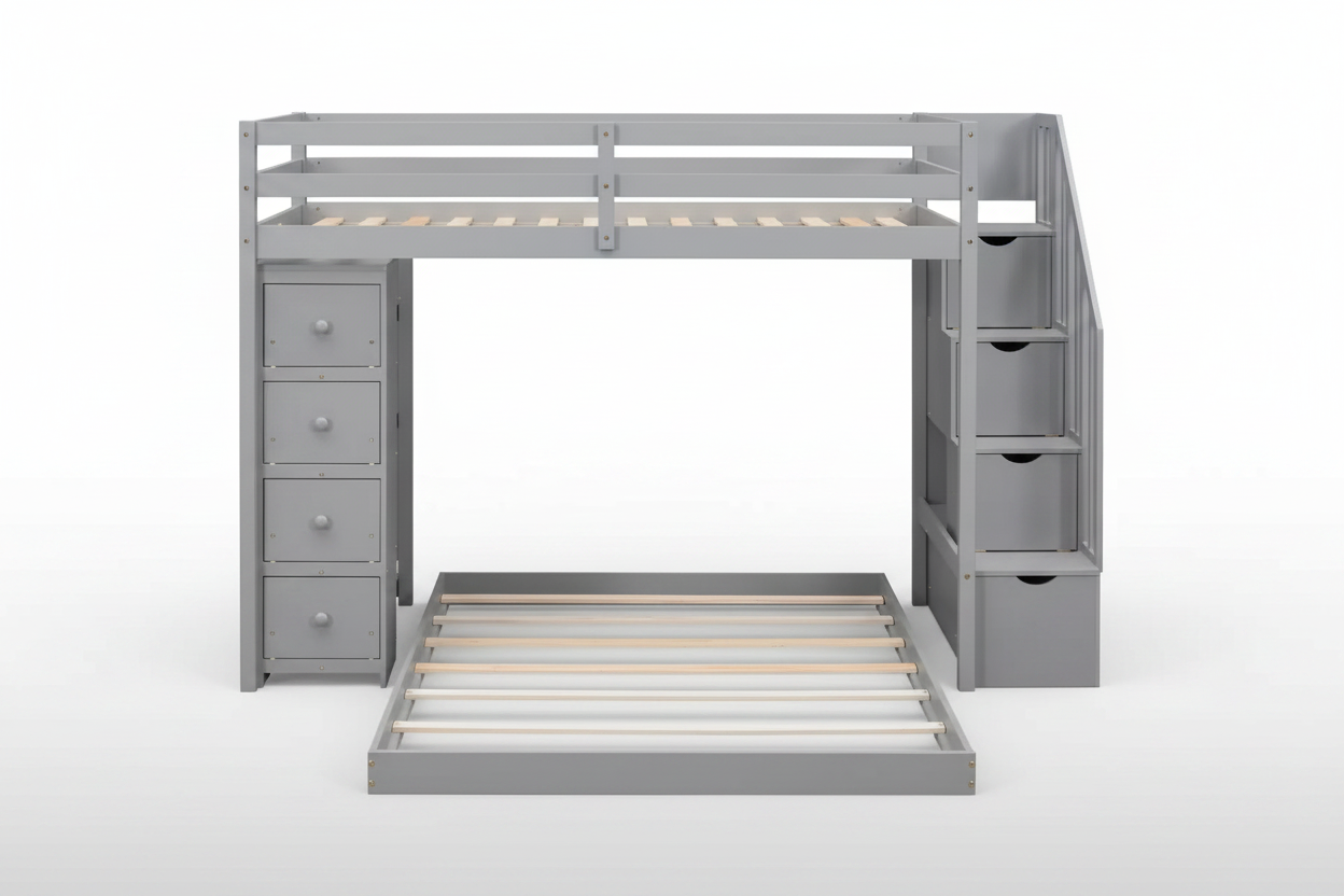 Twin over Full Separable Bunk Beds with Storage Stairs, Wood L-Shape Bunk Bed Frame with 4 Drawers and Shelves for Kids Teens Adults