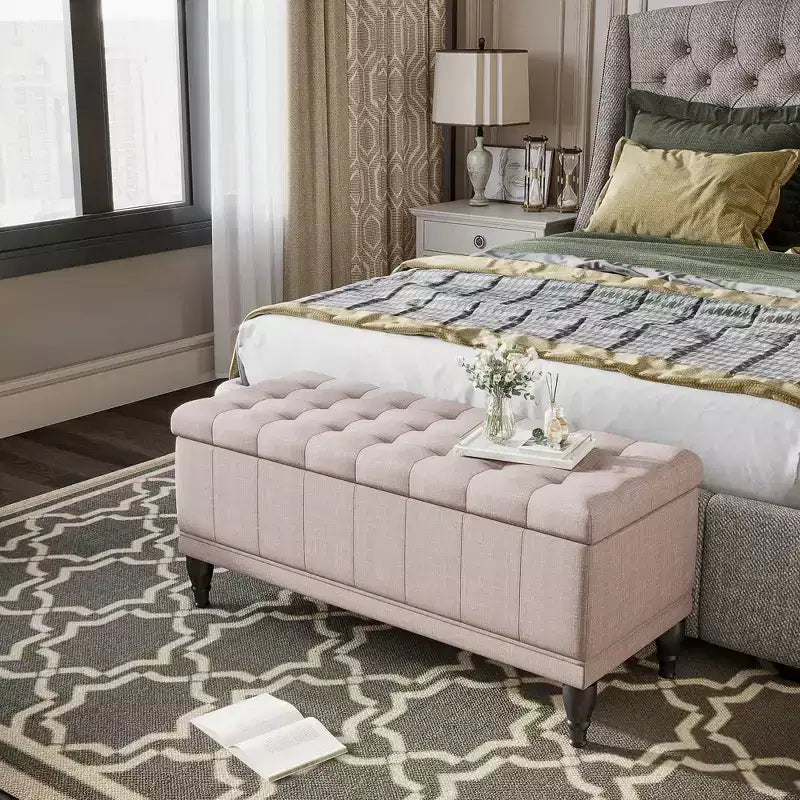 Large 42 Tufted Linen Fabric Ottoman Storage Bench With Soft Close Lid for Living Room, Entryway, or Bedroom