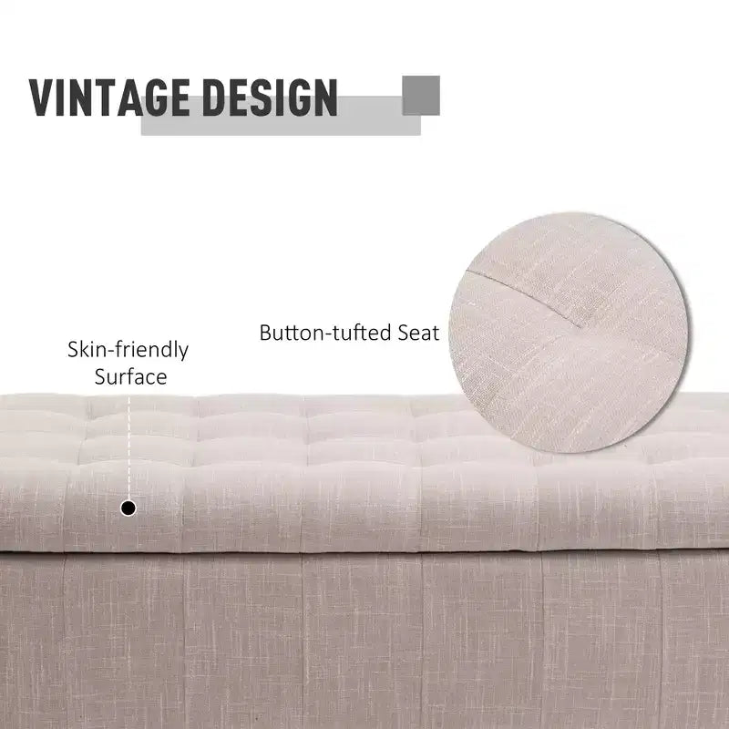 Large 42 Tufted Linen Fabric Ottoman Storage Bench With Soft Close Lid for Living Room, Entryway, or Bedroom