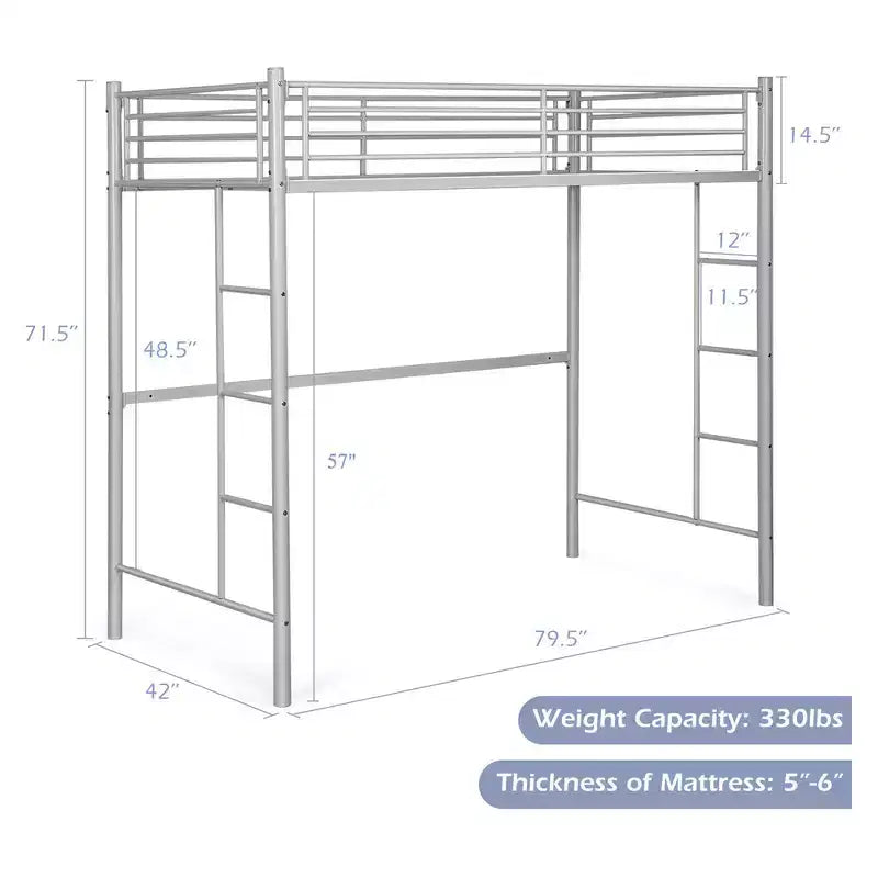 Twin Metal Loft Bed Frame w/ 2 Ladders Full-length Guardrail Space-Saving