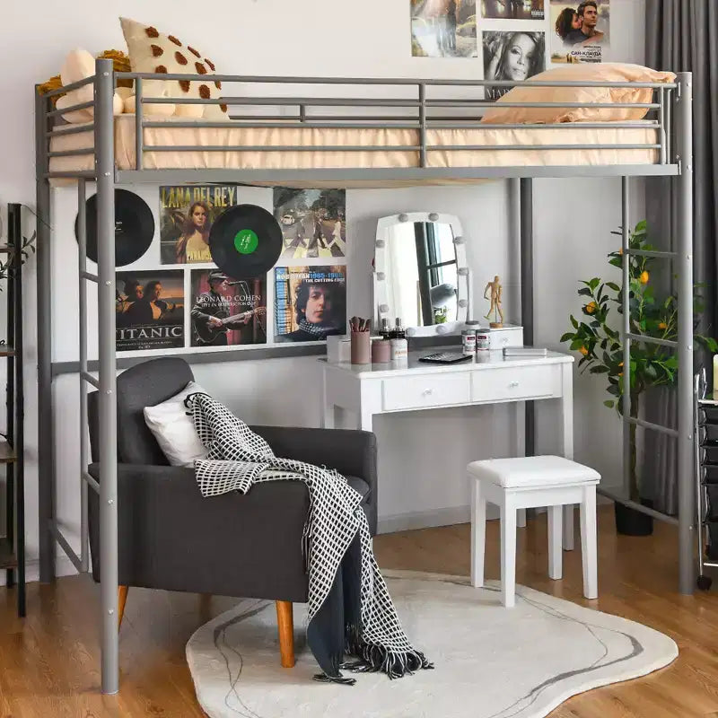 Twin Metal Loft Bed Frame w/ 2 Ladders Full-length Guardrail Space-Saving