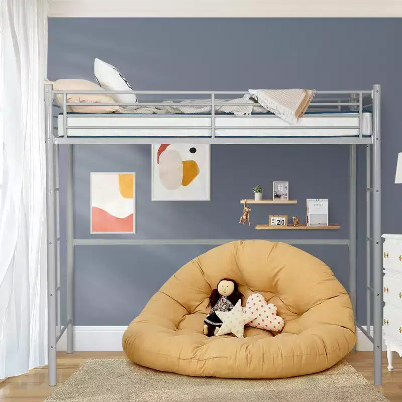 Twin Metal Loft Bed Frame w/ 2 Ladders Full-length Guardrail Space-Saving