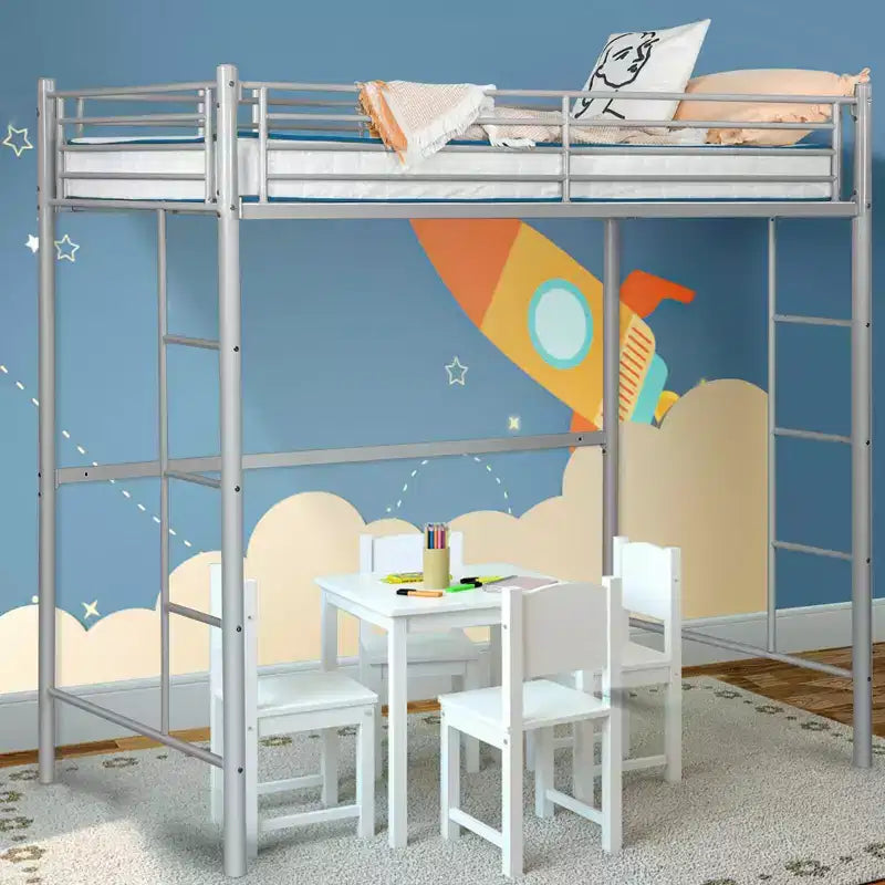 Twin Metal Loft Bed Frame w/ 2 Ladders Full-length Guardrail Space-Saving