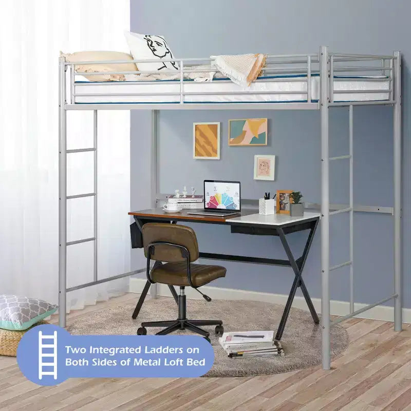 Twin Metal Loft Bed Frame w/ 2 Ladders Full-length Guardrail Space-Saving