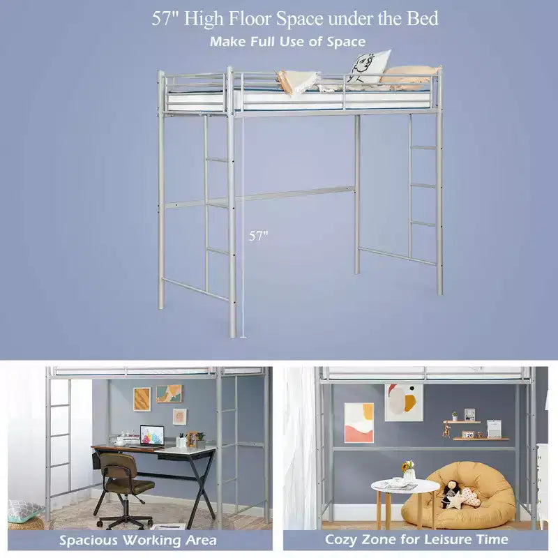 Twin Metal Loft Bed Frame w/ 2 Ladders Full-length Guardrail Space-Saving