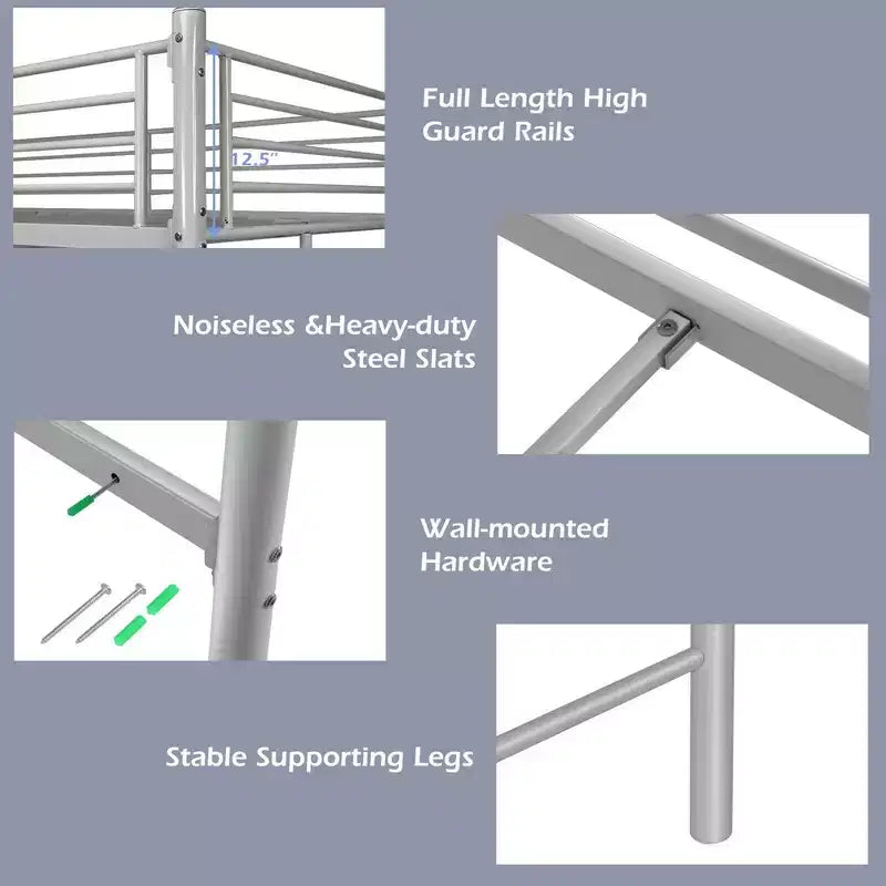 Twin Metal Loft Bed Frame w/ 2 Ladders Full-length Guardrail Space-Saving
