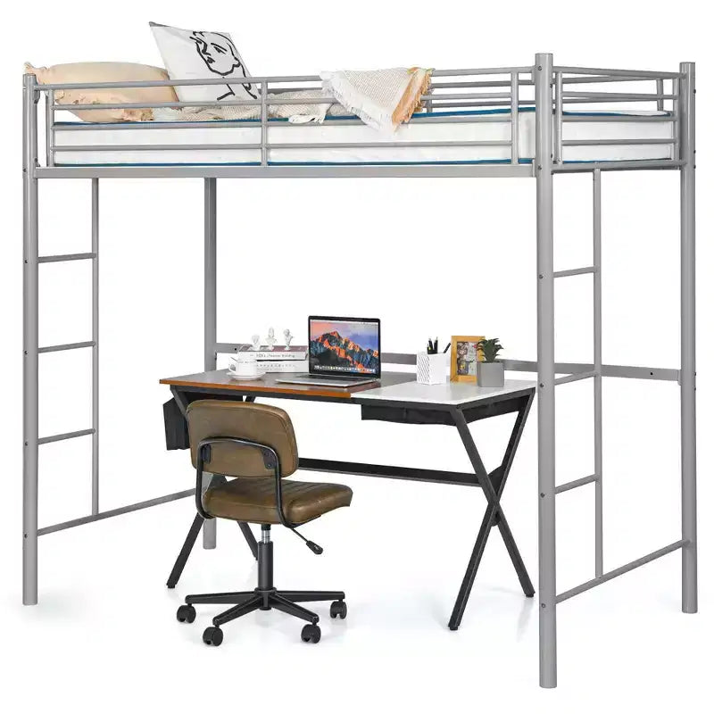 Twin Metal Loft Bed Frame w/ 2 Ladders Full-length Guardrail Space-Saving