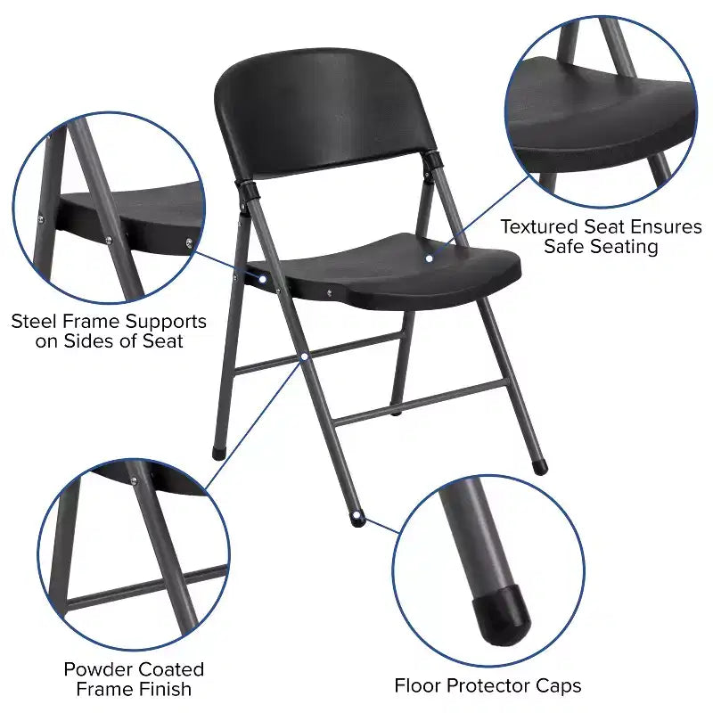 6 Pack 330 lb. Capacity Black Plastic Folding Chair - Charcoal Frame - Event Chair
