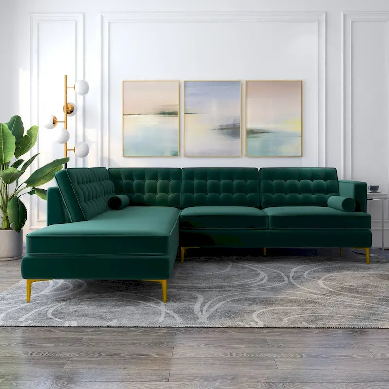 Divano angolare componibile trapuntato in velluto verde scuro stile Mid-Century