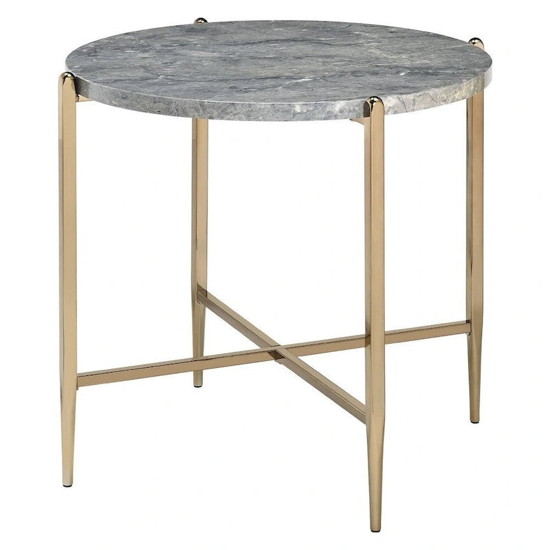 Tavolino con piano ovale in marmo e supporto a X - Grigio e Oro - 26 L x 26 P x 23.62 A Pollici