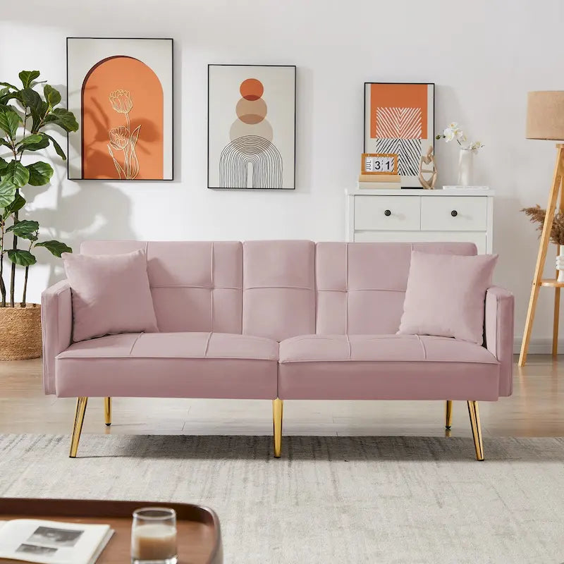 Divano Letto in Velluto Rosa, Convertibile, Posizioni Regolabili, Bracciolo Centrale